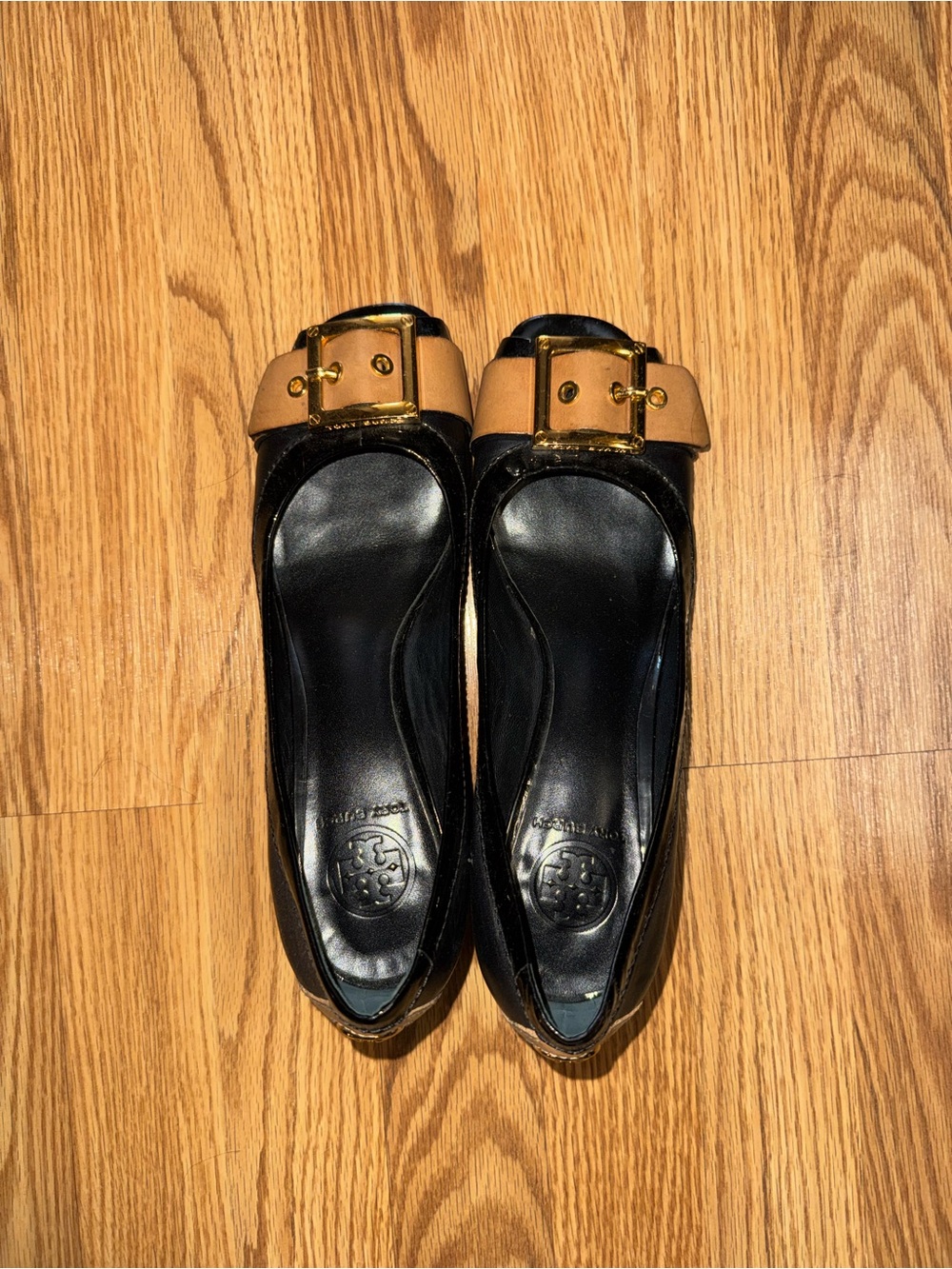 Tory Burch Black Leather Flats with Tan Strap and Gold Buckle Accent